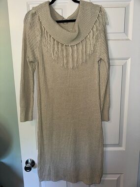 Fringe Collar Knit Maxi Dress in Beige